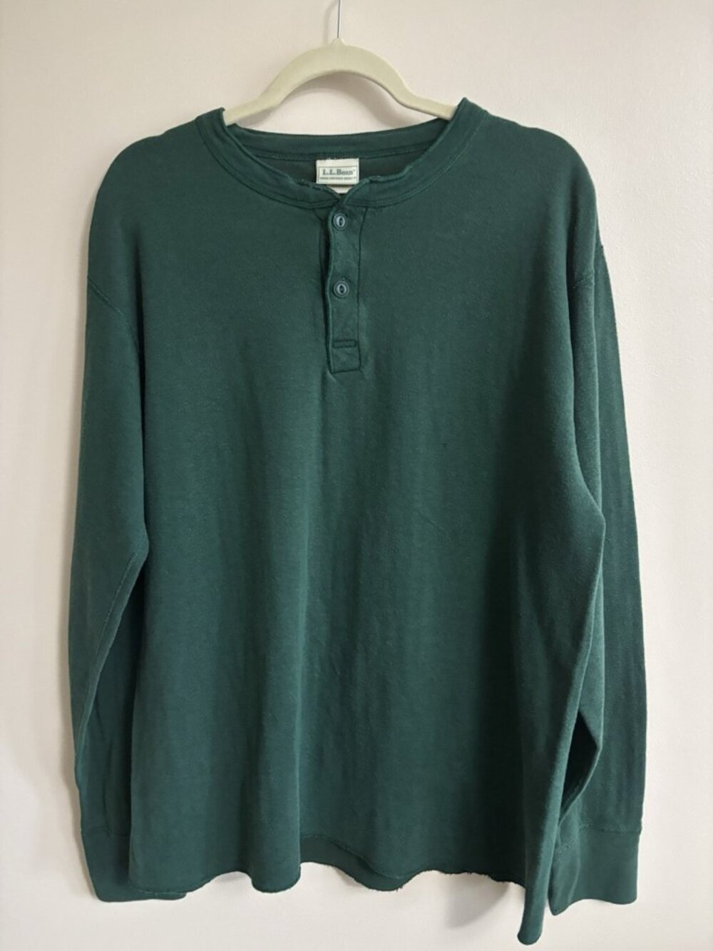 90s LL Bean Mens River Driver Shirt Forest Green Large Henley Wool Blend Vintage
